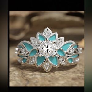 Flower Teal and Cubic Zirconia Ring
